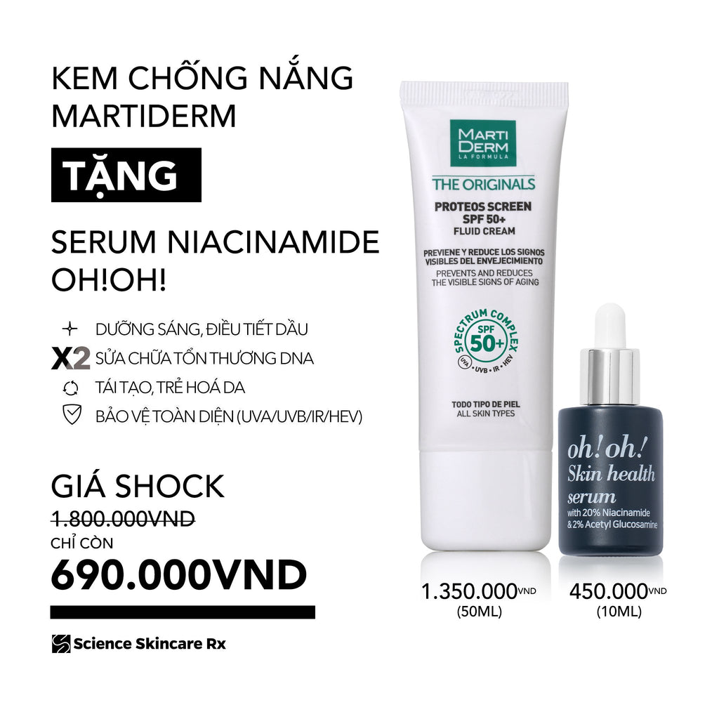 Kem Chống Nắng Phổ Rộng Toàn Diện Ngừa Lão Hóa, Nám Da - MartiDerm The Originals Proteos Screen SPF50+ Fluid Cream